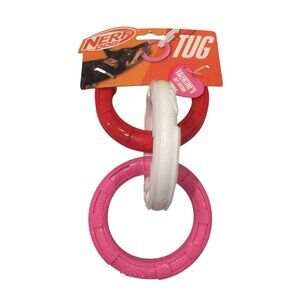 NERF DOG Tug 3 Ring Dog Pull Toy Red Pink White 4 1/2" Rings